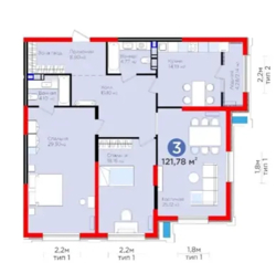 3-��������� �������� � 121.71 �² � 10/12 ����, ���������� 12 ���� 1
